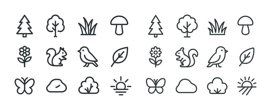 Nature icons: trees, animals, and plants in minimalist style