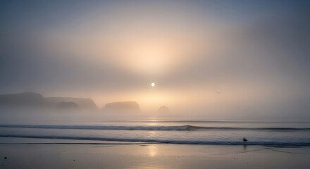 Ethereal sunrise filtering through heavy coastal fog over a serene ocean shoreline with distant sea stacks