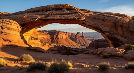 Breathtaking Natural Arch Framing a Serene Desert Landscape at Sunrise, Showcasing Majestic Red Rock Formations and Vast Open Vistas