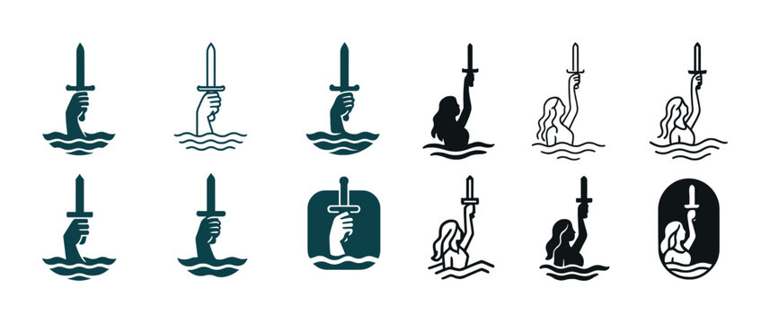 Icons of hands holding swords emerging from water in various styles