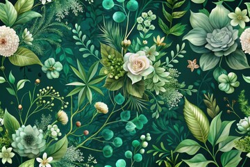 Emerald Green Botanical Garden Floral Seamless Pattern Design Featuring Lush Foliage and Delicate Blooms