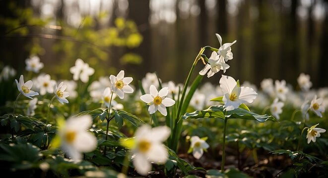 Delicate white flowers in a sunlit forest, a scene of natural beauty and serenity