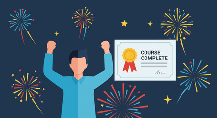 Man Celebrating Course Completion with Fireworks and Certificate.