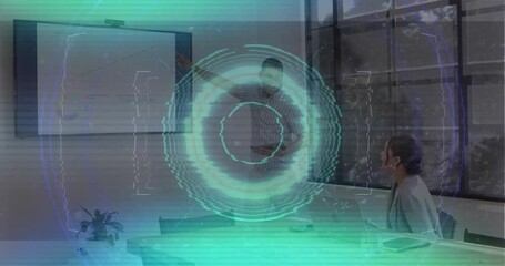 presenter rising, walking to screen, pointing at charts explaining business data with HUD pulsing