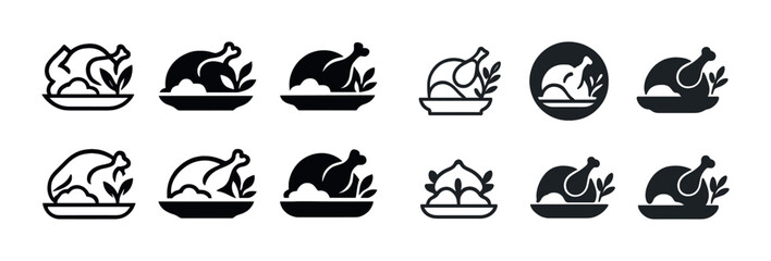 Set of chicken dinner icons: monochrome roasted chicken and leaf variations