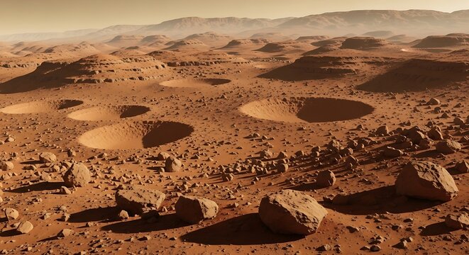 Panoramic view of the desolate cratered surface of Mars.