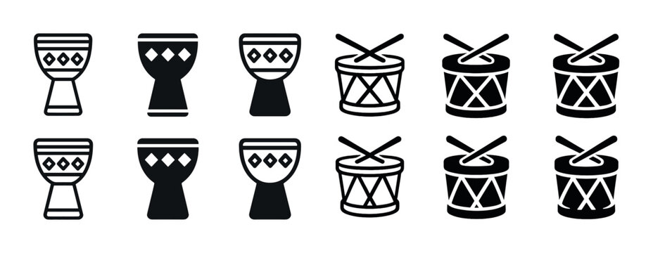 Black and white drum icons set with varied designs and sticks