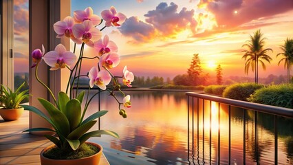 Obraz premium Serene Sunset Vista Orchids in Bloom on a Tranquil Balcony Overlooking a Calm Lake at Golden Hour