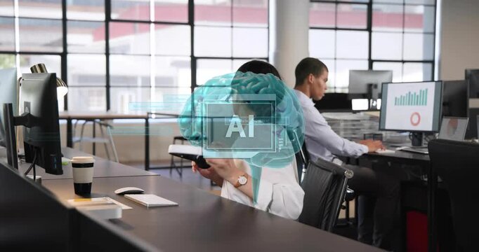 Woman at office noticing AI brain overlay trying headset, male peer joining collaborating on screen