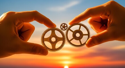 Human hands connecting mechanical gears at sunset, symbolizing strategic collaboration, essential teamwork, and the intricate mechanisms driving innovation and future business success