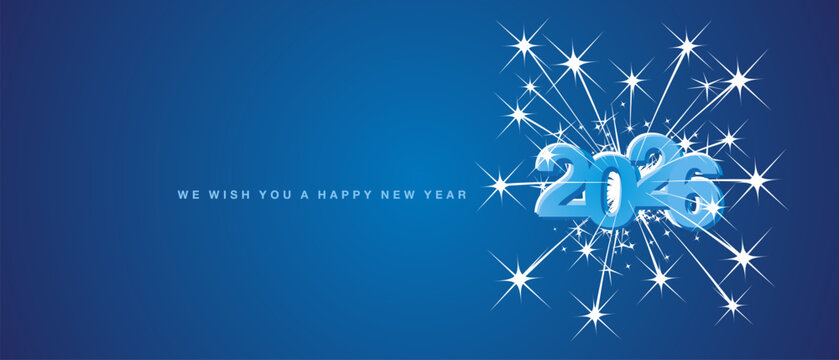 Happy New Year 2026 eve modern design with light big explosion of stars and sparkle firework. Reflection shape from White to blue shades for 2026 on blue background greeting card