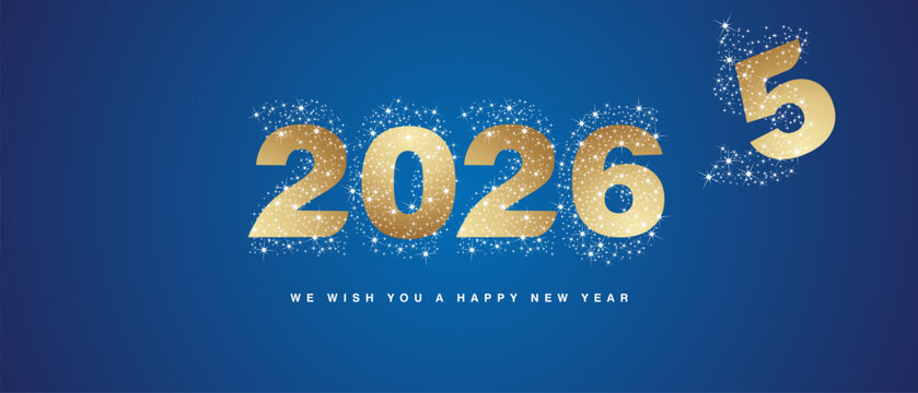 New Year 2026 golden shining bold typography logo with many stars and stardust in the shape of 2026 over all. end of 2025 and beginning of a new year white gold blue background greeting card - Powered by Adobe