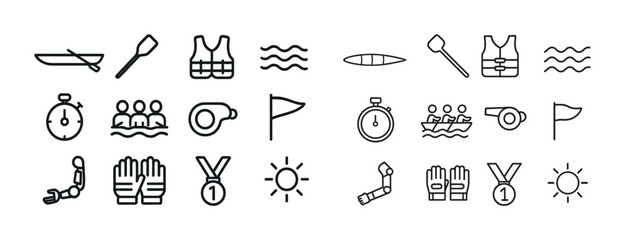 Rowing icons: kayak paddles life jackets stopwatch whistle flag medals