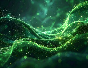 Glowing ethereal green waves with glitter and bokeh, a dreamy, abstract, digital artwork