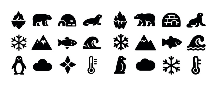 Arctic wildlife and weather icons including bear, seal, iceberg, igloo, and snowflake