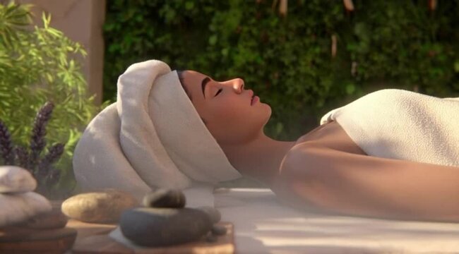 Ilustra&ccedil;&atilde;o de Mulher Deitada com Toalha na Cabe&ccedil;a Relaxando em Spa de Luxo