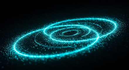 Glowing ethereal rings of turquoise light spiral against a deep black background, creating an abstract design