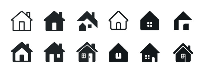 Fototapeta premium Set of twelve diverse house icon silhouettes in black and white