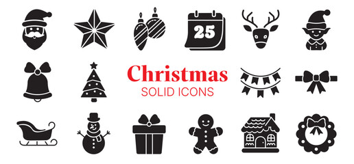 Christmas solid icons set. Minimalistic vector illustration: Santa Claus, angel, Christmas baubles, calendar, deer, elf, bell, Christmas tree, garlands, bow, sleigh, snowman etc.