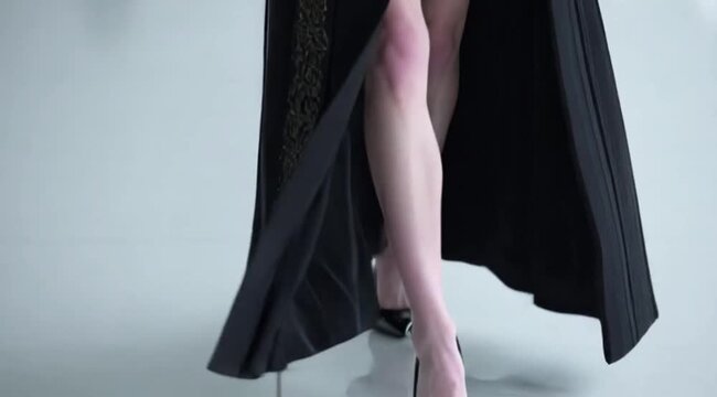 Modelo desfilando com roupa preta elegante futurista filmada da cabeca aos pes