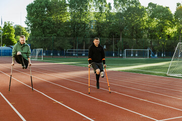 Two men lean on crutches and lift their legs
