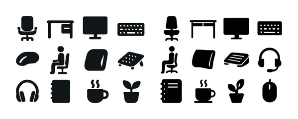 Black office icons: chairs, desks, computers, headphones, plants, mugs