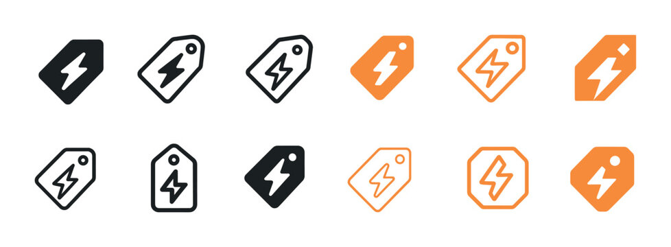 Black and orange electric bolt tag icon set - lightning symbols