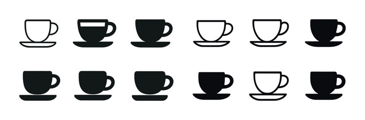 Obraz premium Silhouette icons of teacups and saucers in various styles