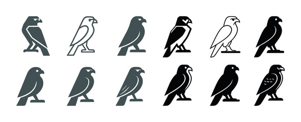 Collection of bird icons featuring stylized falcons in various poses and colors