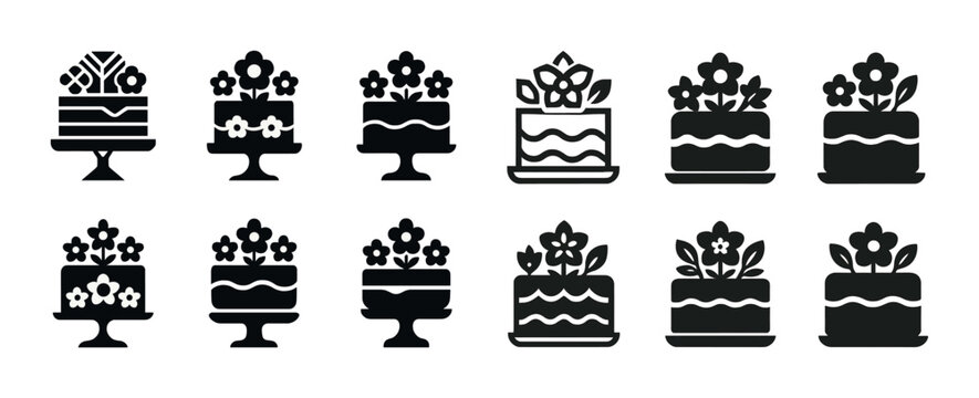 Black and white floral cake icons collection