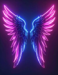 Glowing ethereal wings in shades of pink and blue, radiating light. Abstract, digital art