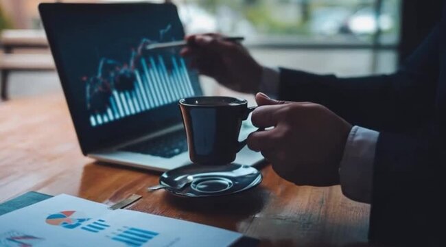 Homem de negocios trabalhando no laptop enquanto bebe cafe