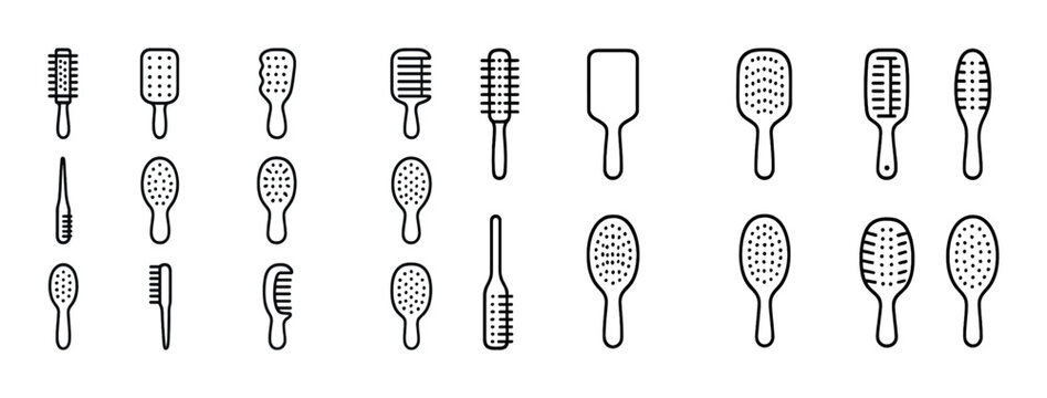 Set of various hair brush and comb icons in black outline on white background