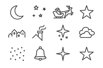 Christmas Night Icons. Christmas Night. Line outline icon set of Christmas Night: moon, stars, sleigh