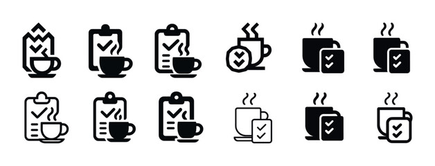 Coffee checklists and icons set featuring cups and checkmarks