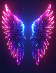 Glowing ethereal wings in shades of pink, purple, and blue against a dark background