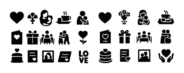 Mother's day icons: hearts, gifts, family, coffee, flowers
