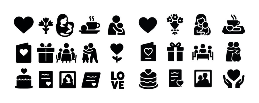 Mother's day icons: hearts, gifts, family, coffee, flowers