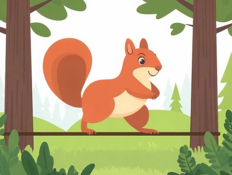 Adorable cartoon squirrel perched on a branch in a vibrant forest scene.