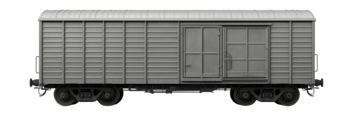 Covered rail car with corrugated metal sides and sliding doors.