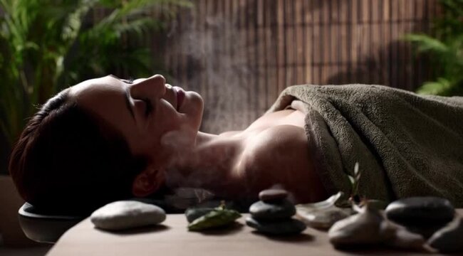 Mulher Relaxando com Vapor e Pedras Quentes