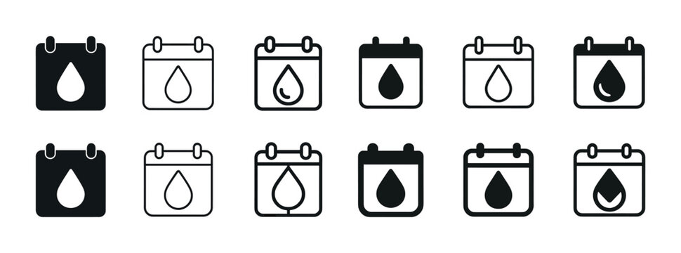 Black and white water drop calendar icons set in various styles