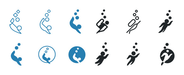 Diving icons collection: blue and black underwater silhouettes