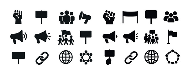 Protest and communication icons set: signs, megaphones, groups, unity symbols