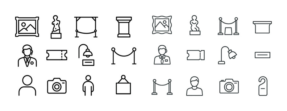 Museum icon set: art, visitors, tickets, security, exhibits