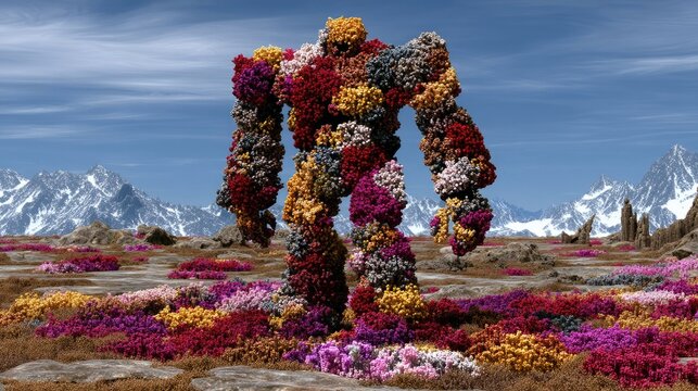 A colossal robot figure, entirely constructed from vibrant, multi-colored flowers, stands in a surreal landscape. The background features snow-capped mountains