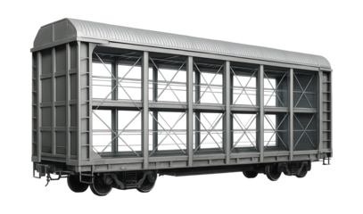 Autorack featuring clear side panels and a reinforced roof design.