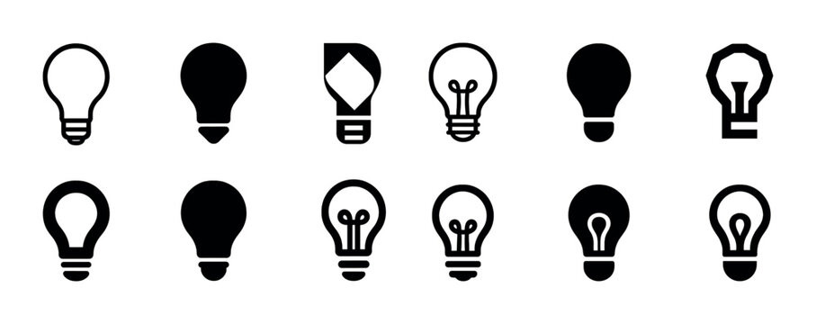 Collection of twelve graphic light bulb icons in diverse styles