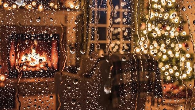 Cozy christmas rain window fireplace christmas tree lights relaxing ambience holiday season scene