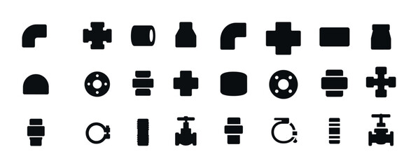 Silhouette icons of plumbing pipe connectors and valves